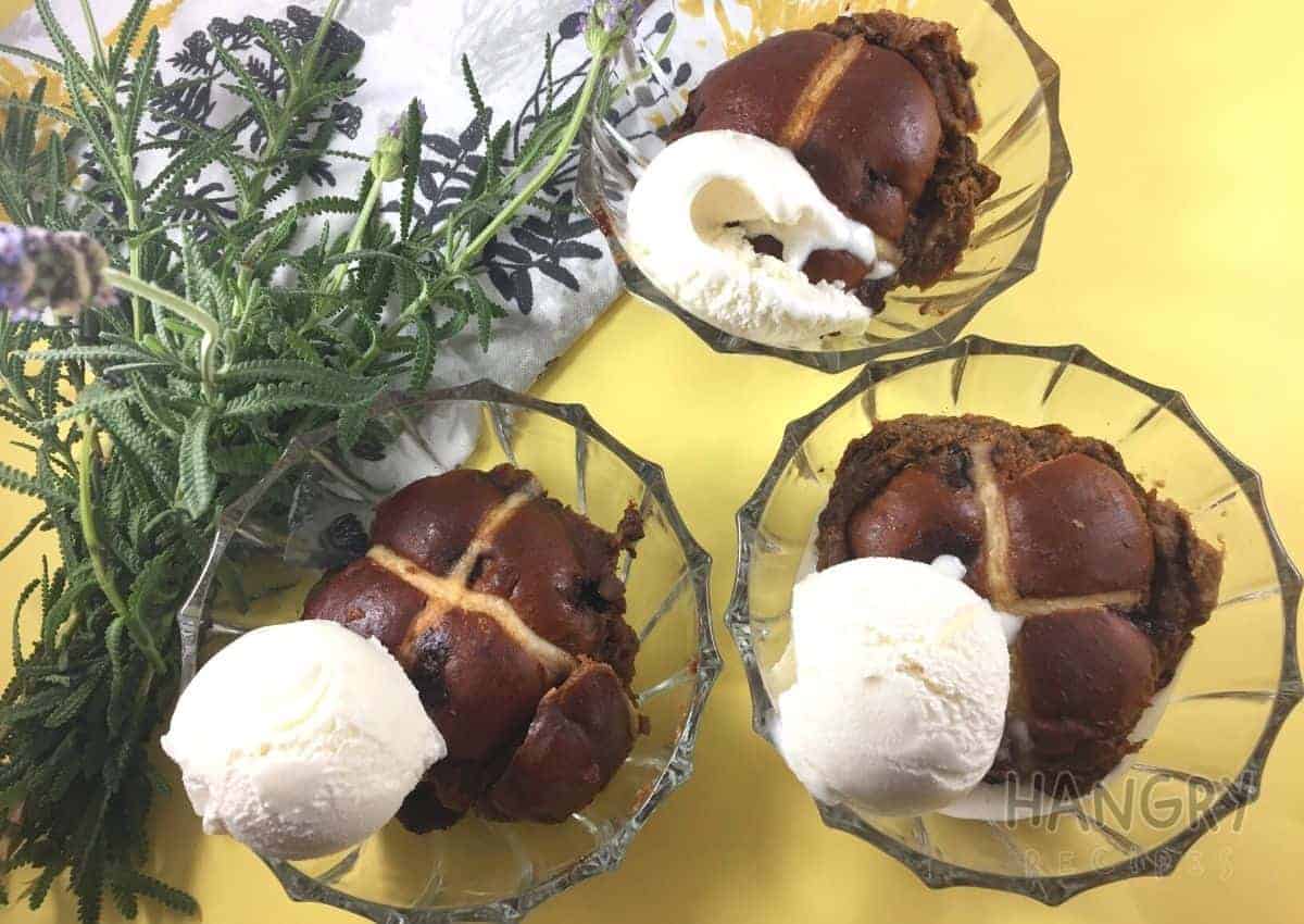Chocolate Hot Cross Buns baked in Cream Sauce