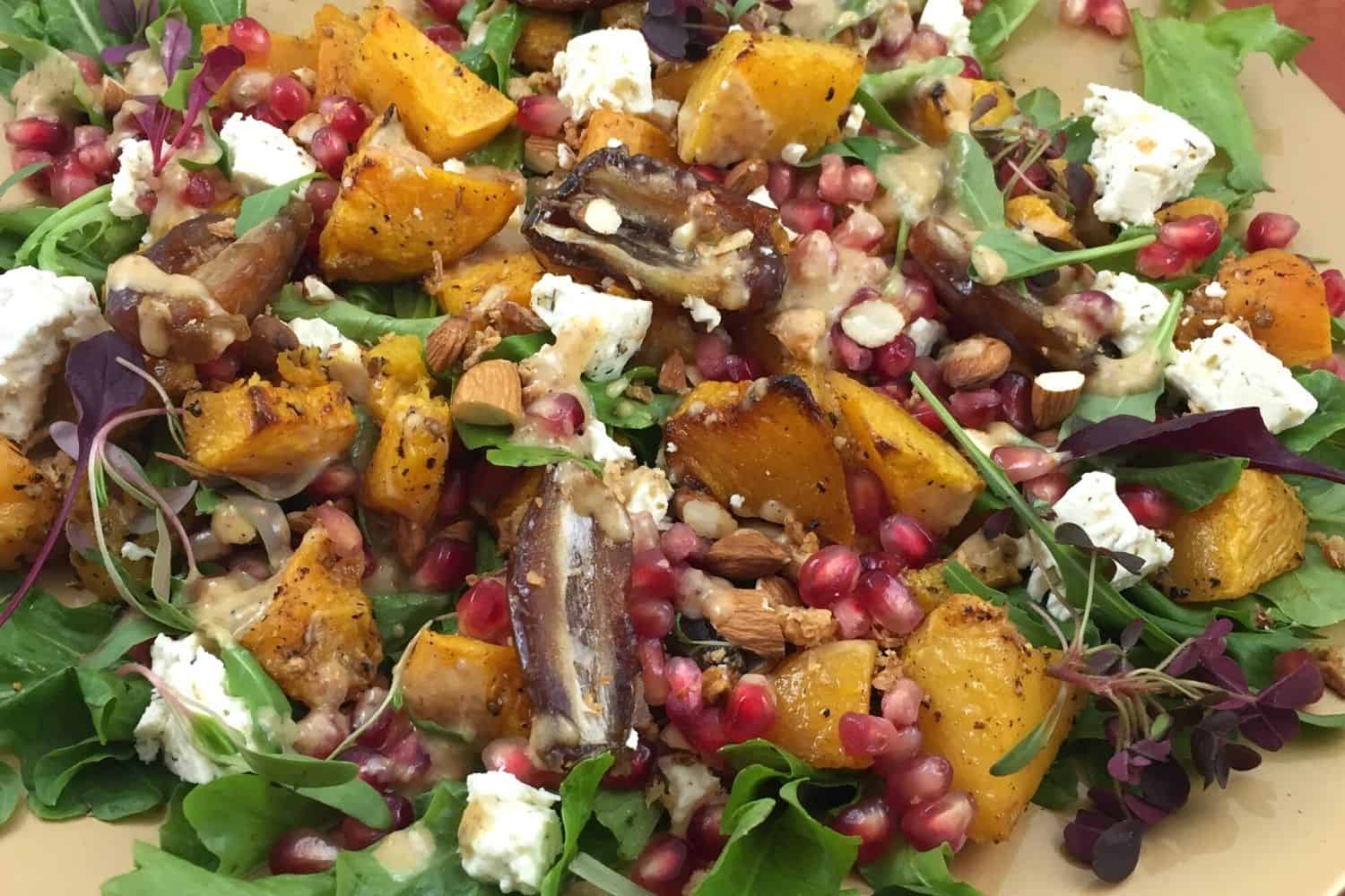 Healthy Butternut Roasted Salad with Pomegranates and Date dressing