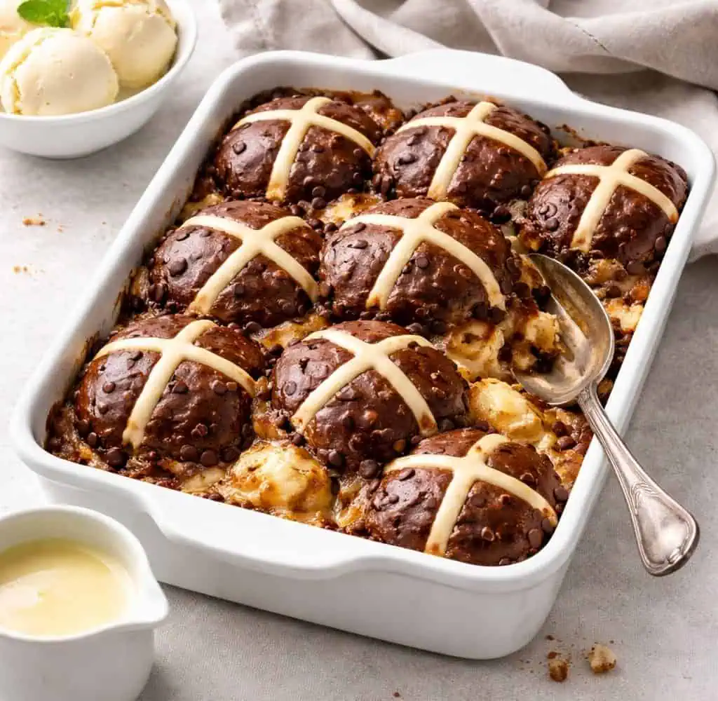 Baked Chocolate Hot Cross Bun Pudding