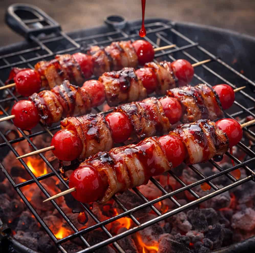 sweet cherries and folded strips of streaky bacon,