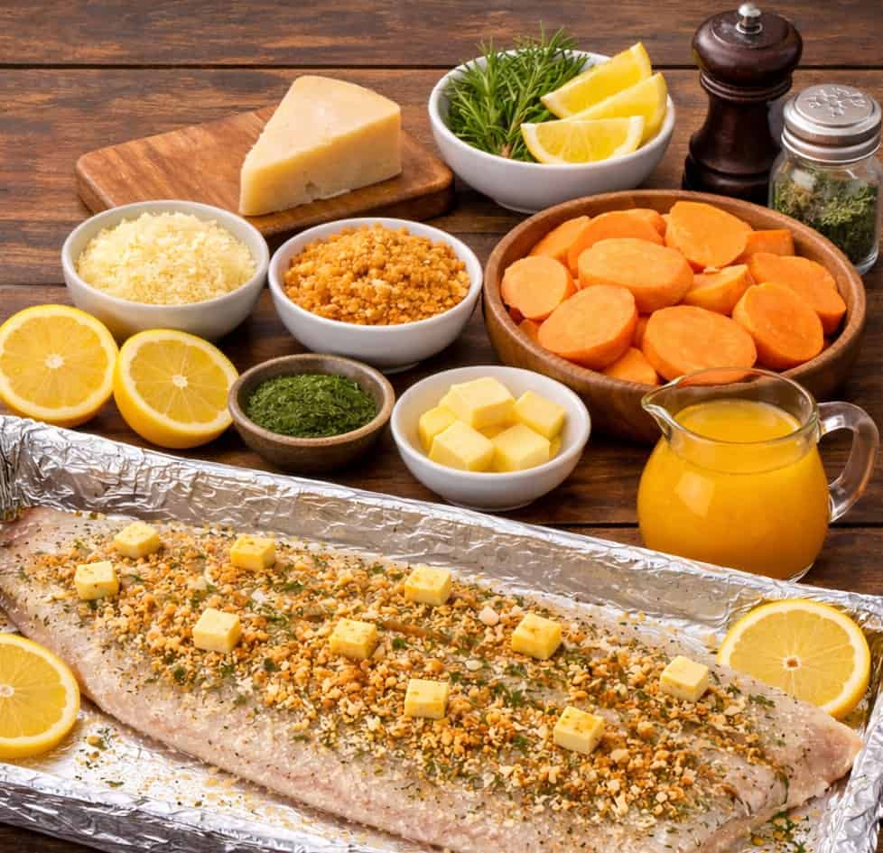 Parmesan Crusted Snoek with Sweet Potato Orange Sauce